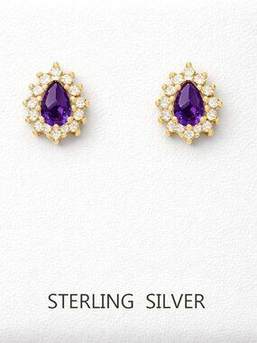 Created Amethyst & W/Sapphire Stud Earrings 14k Yellow Gold Plated (.925)